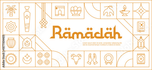 Ramadan Kareem monoline pattern illustration with various minimalist Islamic icons inside the box