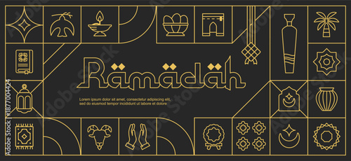 illustration ramadan kareem monoline pattern with various brightly colored islamic icons and symbols