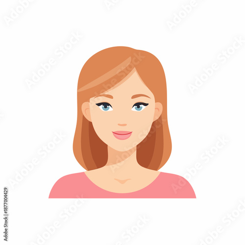Portrait of a young woman with red hair smiling pleasantly. Vector illustration of a fair-skinned girl in a pink shirt