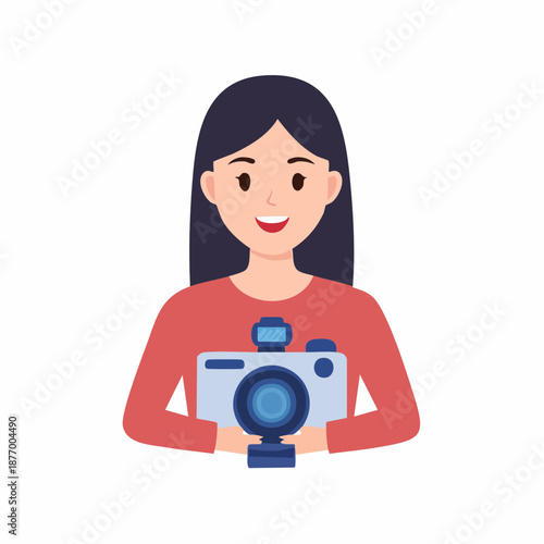 Cartoon style woman photographer with camera, smiling, portrait