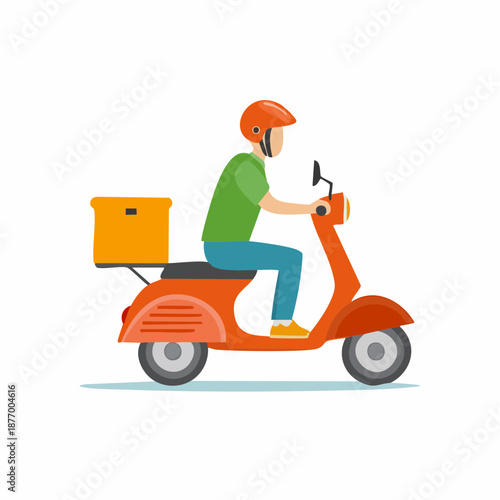 Delivery person on motor scooter with package box wearing helmet delivers goods service vector illustration on white