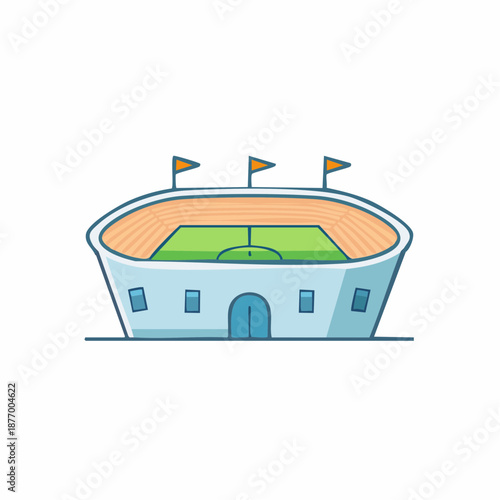 Cartoon stadium with green sports field and orange flags, a simple illustration for a generic game venue or competition arena