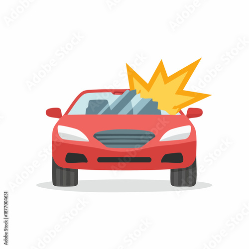 Red car accident illustration with damage to the windshield and hood on white background in vector format
