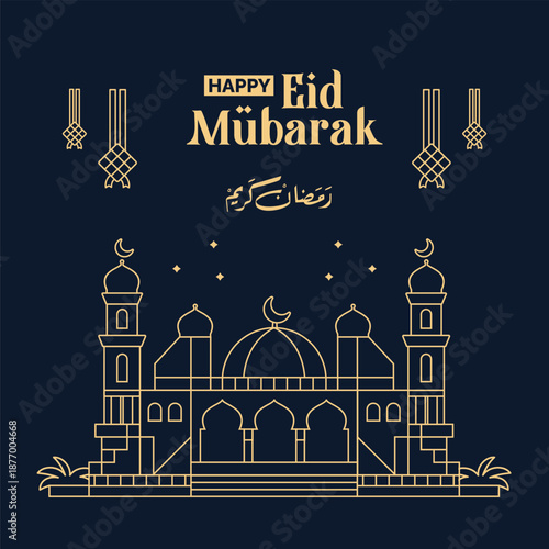 monoline mosque illustration with ramadan kareem theme, mosque with islamic dome, islamic illustration for poster, wallpaper and greeting card