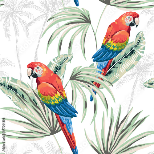 Tropical macaw parrots, palm leaves, trees silhouettes, white background. Seamless pattern. Vector illustration. Exotic plants, birds. Summer beach design. Paradise nature