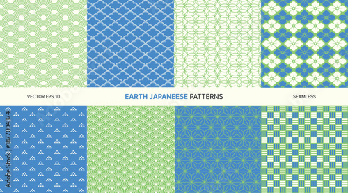 Seamless vector patterns with traditional Japanese geometric shapes, blue and green color palette, cultural textile design, oriental decorative backgrounds, repetitive symmetry for fabric wallpaper