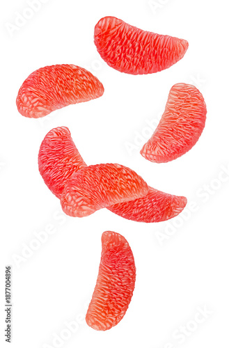 Peeled grapefruit pulp falls into space. Isolated on white.