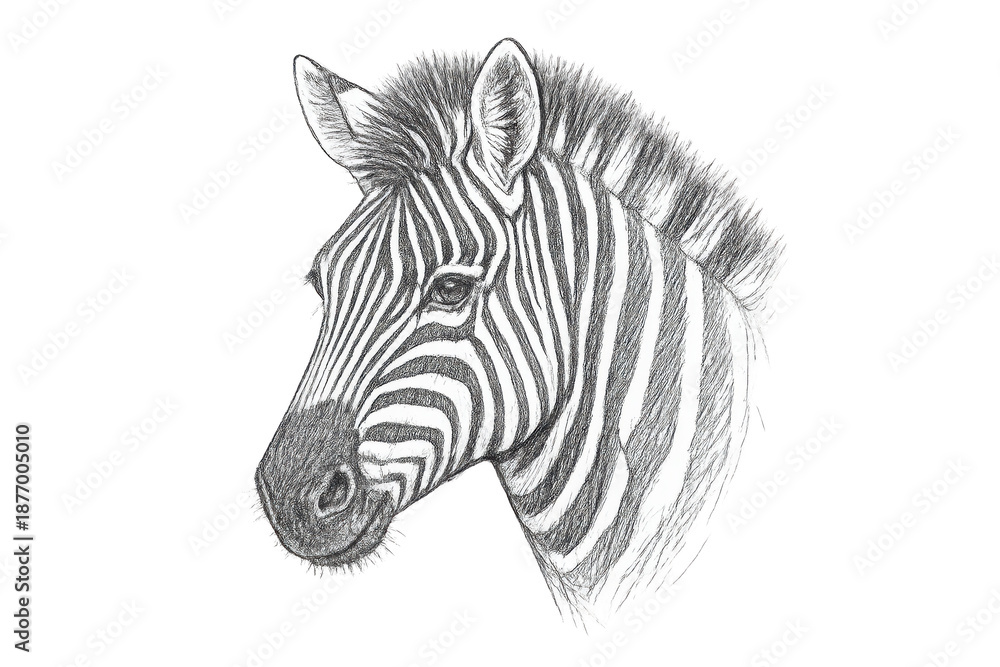 Fototapeta premium Zebra head pencil drawing on a transparent background illustration.