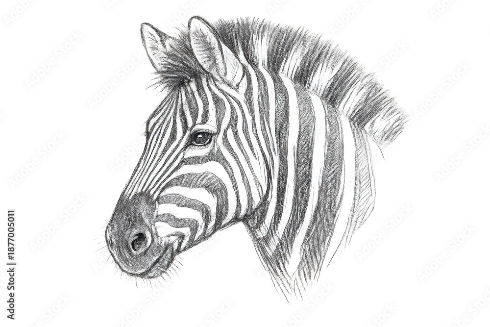 Fototapeta premium Zebra head pencil drawing art on transparent background isolated view