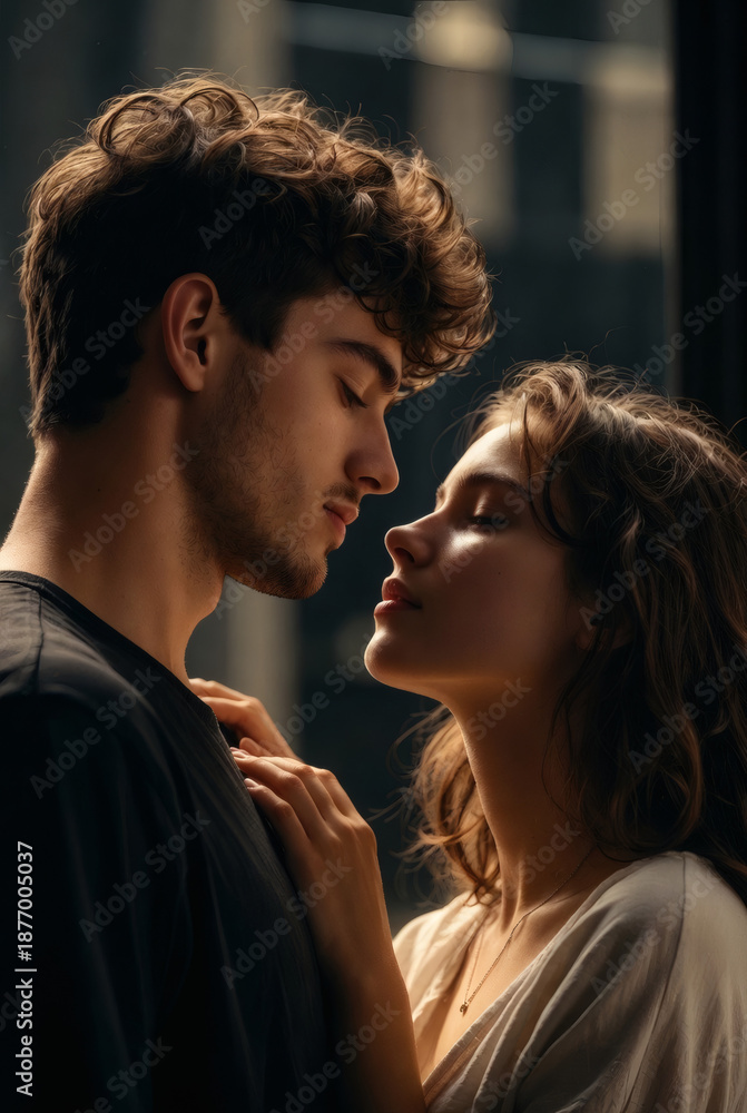 Naklejka premium Young couple sharing an intimate moment in soft natural light 