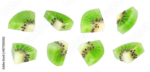 Beautifully retouched set of triangular peeled kiwi slices. Isolated on