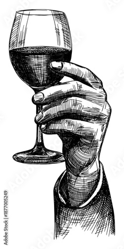 hand holding wine glass isolated hand drawn sketch illustration poster card design