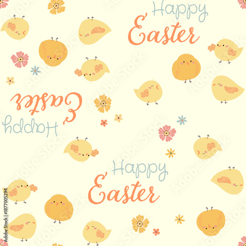 Spring easter cute chick pattern with flowers. Vector illustration of yellow baby chickens and seasonal text design. Seamless bright background for Easter