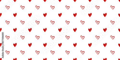 Vector seamless pattern with cute red doodle heart and outline heart on white background. Romantic love texture for valentine wrapping paper, wedding, textile, clothing, wallpaper, stationery design.