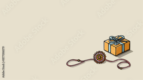 Minimal vector illustration of rakhi bracelet placed next to simple gift box. Clean flat design, symbol of Raksha Bandhan, Indian festive tradition, celebration and sibling bond. Copy space
