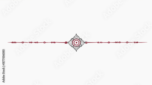 Minimal horizontal vector illustration of a rakhi bracelet ornament. Clean line art divider with copy space, symbol of Raksha Bandhan, Indian festive tradition and sibling bond