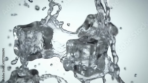 Close-up of a gloved metallic hand gripping a jagged ice block in a cool studio setting