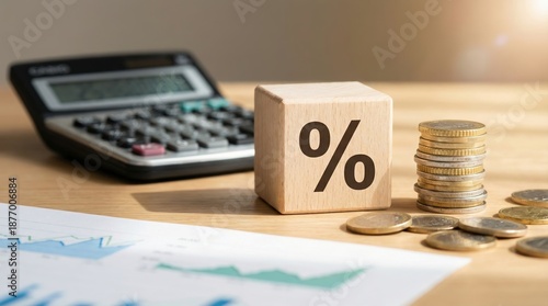 Interest rate and financial calculation: percentage block, coins, and calculator on desk