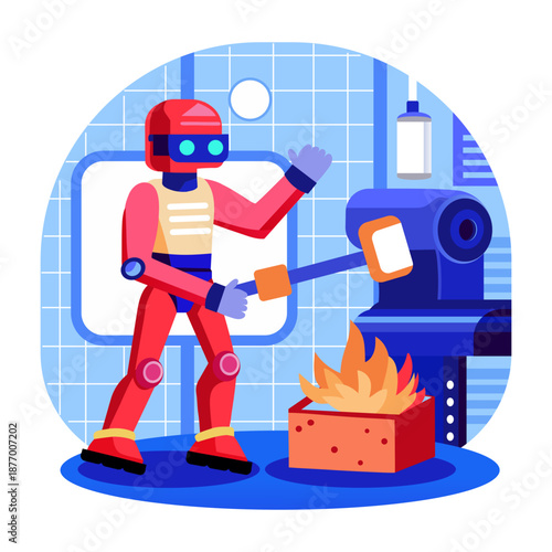A flat style illustration showing factory robot
