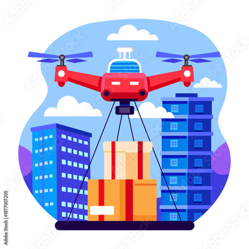 A flat style illustration showing drone delivery