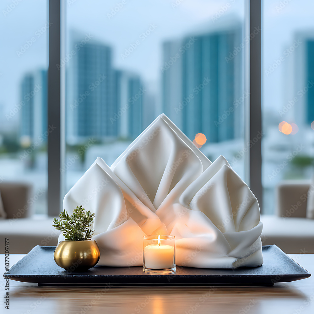 Naklejka premium White Napkin Folded Artfully on a Dark Tray with a Small Green Plant and a Lit Candle in a Glass Holder Against a Blurred Cityscape View Through Large Windows