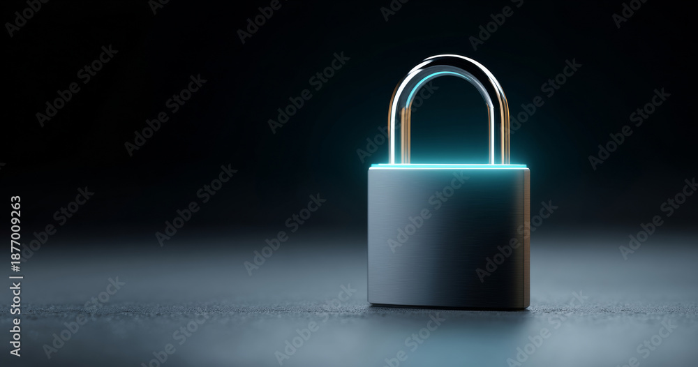Fototapeta premium A padlock with a glowing blue lock is on the table in front of a black background