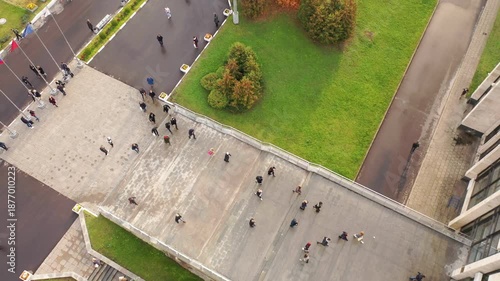 Aerial ascent above MGIMO campus entrance
