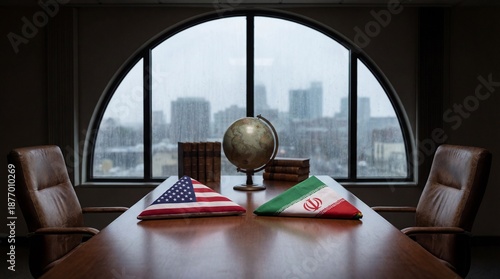Folded flags of the United States and Iran on a wooden conference table in a boardroom with a globe, representing international diplomacy and bilateral relations