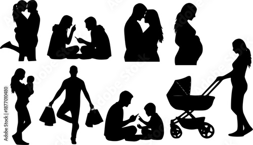 Family Life and Relationship Silhouettes Set: Love, Pregnancy, Parenting, and Daily Activities