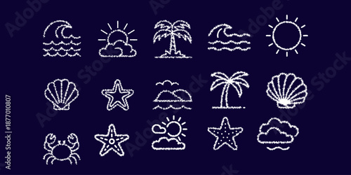 Hand Drawn Beach and Summer Icons Set, Chalk Style Tropical Symbols on Dark Background