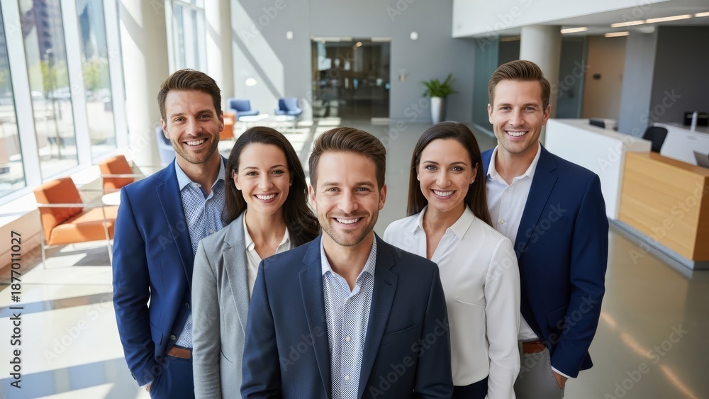 Obraz premium Group of business professionals standing together in a modern office lobby with a reception desk and waiting area in the background