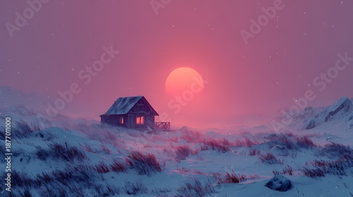 Snowy cabin tranquility, Frozen landscape with glowing sunset, Silent snowy cabin beneath pink sunset. Lonelines