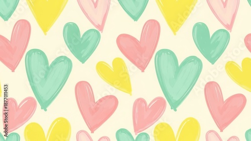 A vibrant pattern of pastel hearts in shades of pink, green, and yellow on a soft background