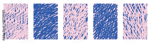 Vector kids doodle scribbles in vertical panels. Pink blue abstract hand drawn line art chaotic texture. Funky fluid curved strokes, organic maze sketch. Modern artistic childish irregular pattern set