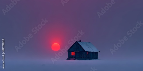 Snowy cabin tranquility, Frozen landscape with glowing sunset, Silent snowy cabin beneath pink sunset. Lonelines