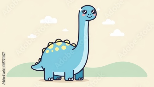 A cartoon dinosaur stands alone in a serene landscape viewed from the side