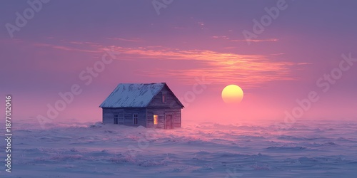 Snowy cabin tranquility, Frozen landscape with glowing sunset, Silent snowy cabin beneath pink sunset. Lonelines