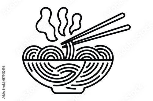 Steaming hot ramen noodle bowl with chopsticks line art