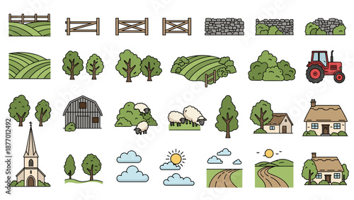 Collection of various farm and rural landscape icons