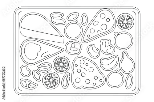 Assorted Fruit and Snack Tray Line Art Illustration