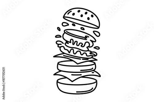 Exploded Burger Ingredients Line Art Illustration