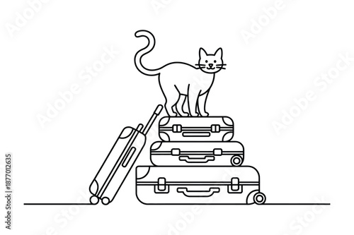 Cat Sitting on Stack of Travel Suitcases Line Art