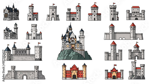Collection of various medieval castle illustrations