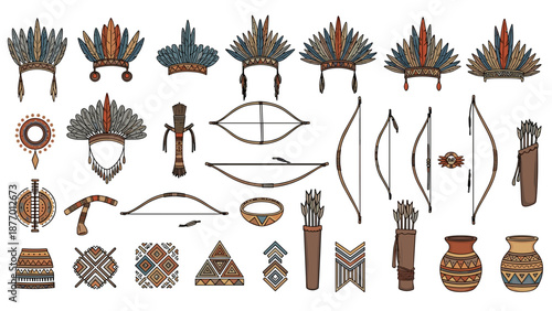 Collection of various tribal and ancient bow and arrow accessories