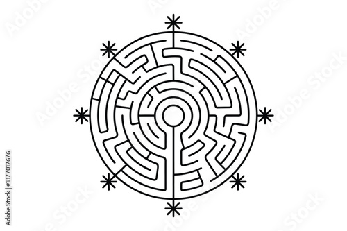 Circular labyrinth maze puzzle line art illustration