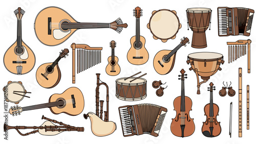 Collection of various musical instruments including guitars, violins, drums, and more