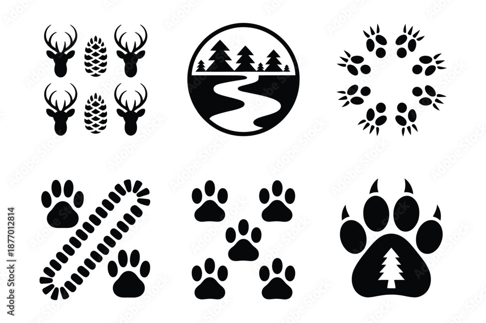 Obraz premium Wilderness tracking icons with paw prints and deer silhouettes