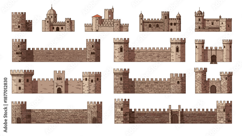 Obraz premium Collection of medieval castle wall and tower components for architecture design