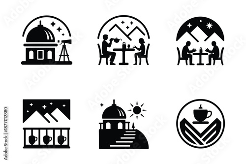 Mountain observatory and cafe icons for travel themes