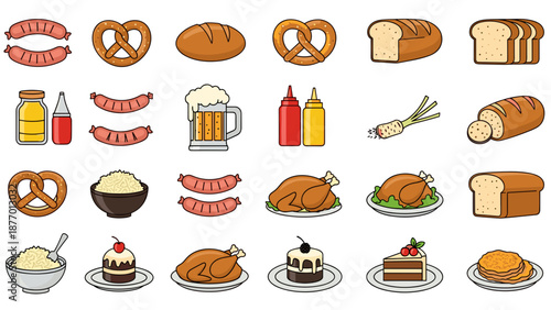 A variety of traditional german food and drink items plates and background